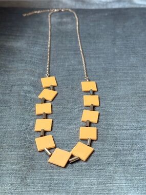 Geometric Cantaloupe Square Panel Gold-Tone Station Link Necklace Orange Yellow